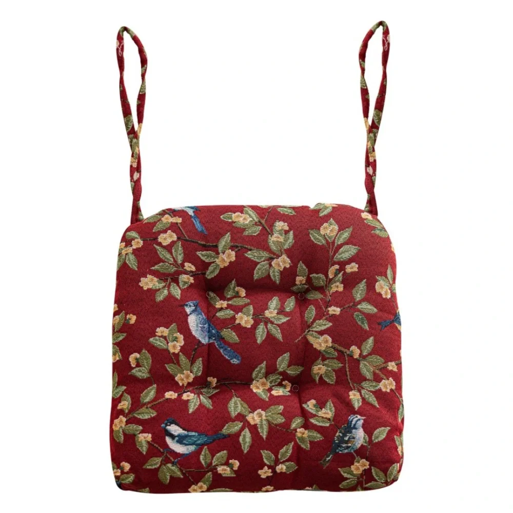 Floral Bird Print Chair Cushion in Burgundy Red